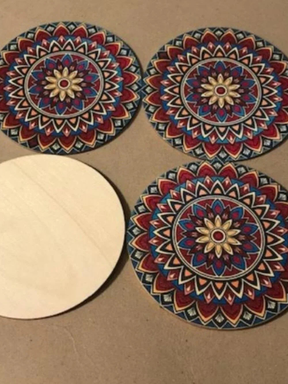 Wooden 4 pc Stained Glass Mandala Coaster Set Lotus Geometric Pattern India 104